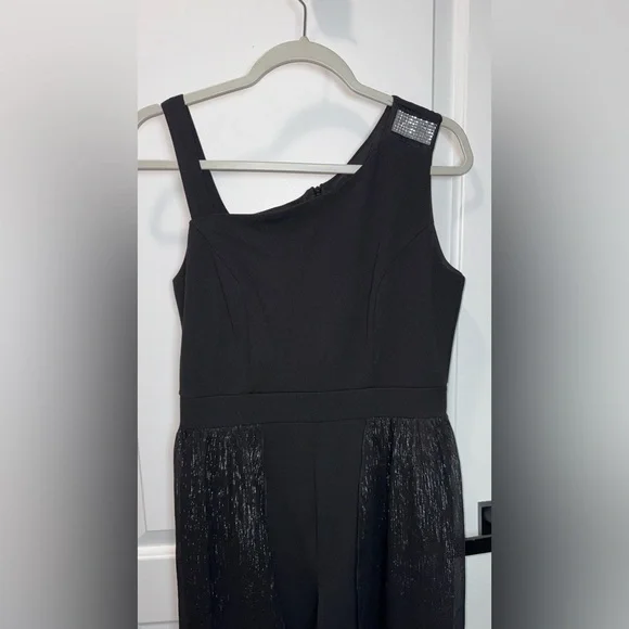 Alexa B Nites Black 1 Shoulder Jumpsuit Sz6 Beaded Strap Sheer Metallic Overlay - Picture 3 of 12